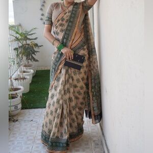 Fabindia new Silk cotton block print Saree Blouse Set for Indian & Pakistani